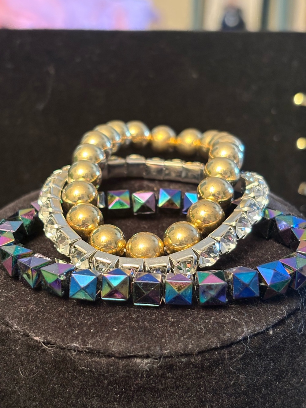 Iridescent Pyramid & Gold Bead Stretch Bracelet Set
